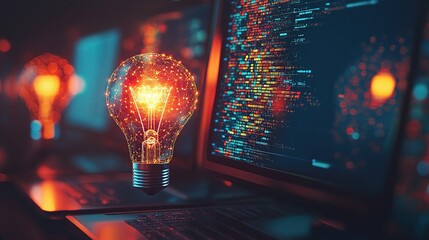 Poster - Glowing Light Bulb Above Computer Screens
