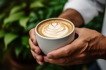 Hot latte coffee holding drink hand.