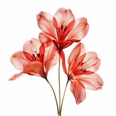 Poster - Three red flowers are standing tall against a white background, their petals delicate and translucent