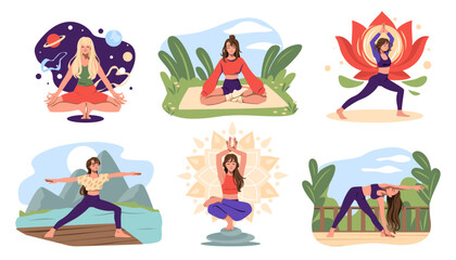 Woman yoga. Spiritual nature zen pose, happy people character rest and exercise. Tranquil balance. Peaceful female in asana, meditation and relax. Vector cartoon flat isolated concept