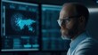 © Khuefa - Professional man analyzing data on monitors in a dark, futuristic environment.