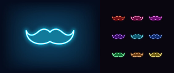Poster - Outline neon mustache icon set. Glowing neon male mustache, gentleman image, man fashion and style. Father mustache, male beauty, hipster style, retro moustache, man face care. Vector icons