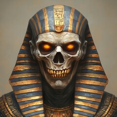 A skeletal figure resembling an ancient pharaoh with glowing eyes.