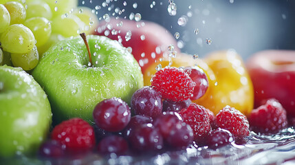 A refreshing assortment of fruits, including green apples, grapes, raspberries, and peaches, being gently sprayed with water droplets for a fresh appeal.