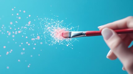 Poster - A hand, holding a brush, creating surreal art on a canvas, with interconnected lines representing the flow of creative ideas, connecting to other minds.