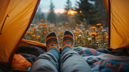 Fototapete - Relaxing in a warm tent, a pair of feet clad in cozy socks rests on a soft blanket. Bright flowers surround the opening as the evening light fades.