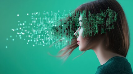 Poster - A woman with flowing hair, made entirely of digital code, walks through a city landscape where buildings are made of circuit boards.