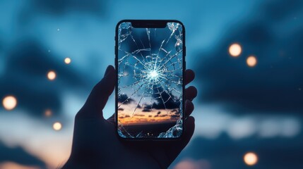 Poster - A hand holding a phone with a cracked screen, revealing a surreal dreamscape inside, symbolizing the merging of reality and technology.