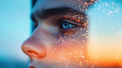 Poster - A person reflection in a window, revealing a distorted, surreal image of their face, representing the blurring of lines between reality and digital.