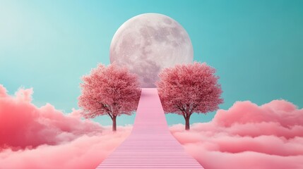 Poster - A surreal landscape with a pathway leading from a mundane, everyday scene into a vibrant, otherworldly realm, symbolizing the transformative power of wireless technology.