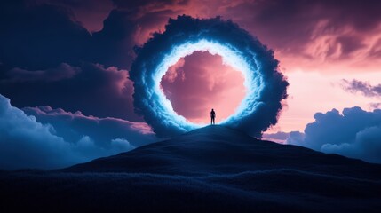 Poster - A lone figure sending a message through a glowing, ethereal portal, their words swirling and disappearing into a surreal, dreamlike landscape.
