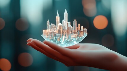 Poster - A hand holding a device that projects a holographic image of a surreal, futuristic cityscape, showcasing the transformative power of technology and design.