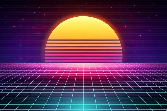Retro background futuristic landscape 1980s style. Vector perspective grid. 80s sci-fi or game style. Retro neon background