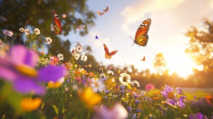 Wall Mural - A field of vibrant wildflowers with monarch butterflies gracefully fluttering around in golden sunlight.