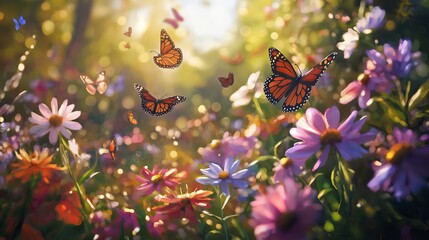 Wall Mural - A field of vibrant wildflowers with monarch butterflies gracefully fluttering around in golden sunlight.