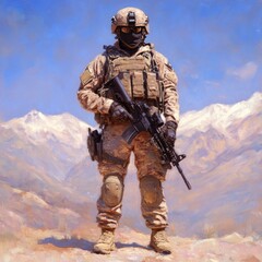 A soldier in tactical gear stands in a mountainous landscape.