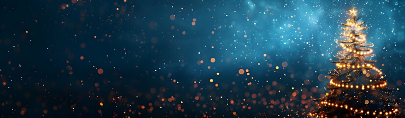 Poster - A wide, panoramic background of a dark blue sky with twinkling stars, featuring a glowing, golden Christmas tree at the bottom edge