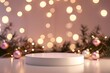 © Ilia K - A circular white podium surrounded by festive lights and ornaments during the holiday season indoors