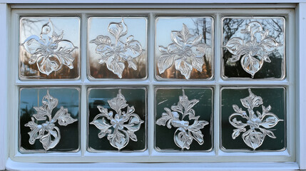 Poster - A frosty, snow-covered window pane with delicate ice patterns, evoking a cozy winter feel.