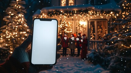 Poster - A group of friends wearing festive attire stands in the snow outside a charming house adorned with twinkling lights. One person holds a smartphone, capturing the joyful moment.