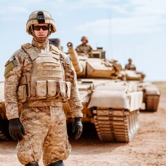 A soldier stands in front of military tanks in a desert environment.