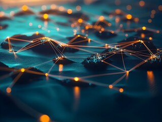 Poster - glowing 3d graph of interconnected floating islands symbolizing global trade and connectivity
