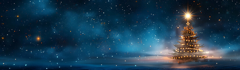 Poster - A panoramic view of the night sky with stars, featuring a single Christmas tree made from twinkling lights on one side. The background is dark blue and black