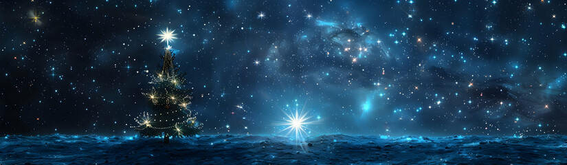 Poster - A panoramic view of the night sky with stars, featuring a single Christmas tree made from twinkling lights on one side. The background is dark blue and black