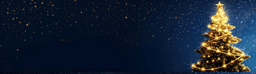 Poster - A golden Christmas tree made of glowing stars on the right side, glittering and sparkling against a dark blue starry sky background