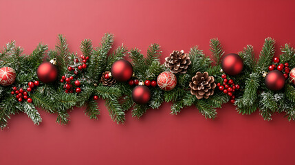 Christmas Decoration Border on a Red Background greeting, green, bright, banner, sparkle, festive, decor, design, copy space, tree branch, happy, abstract