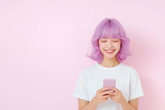 Teenager with purple hair smiling while texting on her phone against a soft pastel wall background