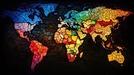 Wall Mural - Vibrant stained-glass world map, continents in colorful translucent segments, artistic representation of global geography.
