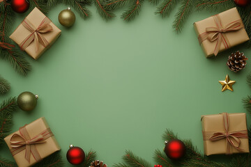 Christmas Eve concept. Top view photo of gift boxes with ribbon bows green red baubles gold star ornaments and pine branches on isolated green background with copyspace in the middle