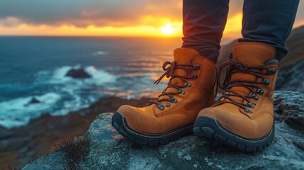 Poster - The bright orange hiking boots rest on a rocky outcrop as waves crash below, illuminated by a stunning sunset that paints the sky in hues of orange and purple, creating a serene atmosphere.