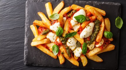 Wall Mural - Mozzarella Fries with Pesto Drizzle and Fresh Basil