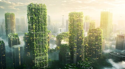 Poster - futuristic green city powered by synthetic biology skyscrapers with bio engineered algae for clean e