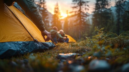 Poster - Two campers set up their tents amidst lush greenery as the sun sets over the horizon, casting a warm glow over the landscape.