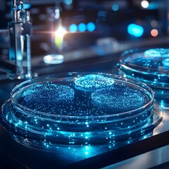 Poster - Glowing Microorganisms Evolving in Futuristic Scientific Laboratory