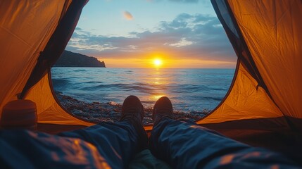 Poster - Enjoying a serene evening at the beach, the sun sets beautifully over the ocean as the waves gently lap against the shore. The campsite provides a cozy view.