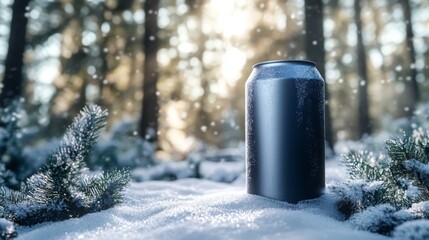 Aufkleber - A can, covered in condensation, is sitting in the snow. There is a snow-covered pine branch to the right of the can. The background is a blurred forest with sunlight shining through the trees.