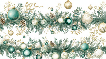 Natural green Christmas tree, garland, wreath, and background