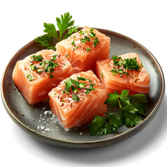 plate with raw cod fish and parsley on light table, closeup highlighted by white, photo, png