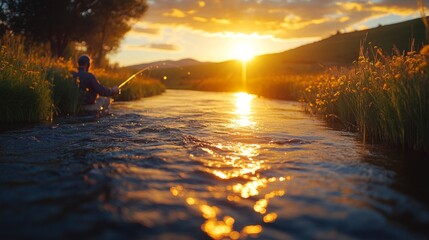 Poster - A serene evening unfolds as a person casts their fishing line into the river, surrounded by blooming flowers and lush grass. The sunset casts a warm glow across the landscape.