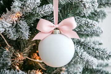 Mockup of a white matte Christmas ball ornament with a pink bow on top of it, hanging on a Christmas tree.