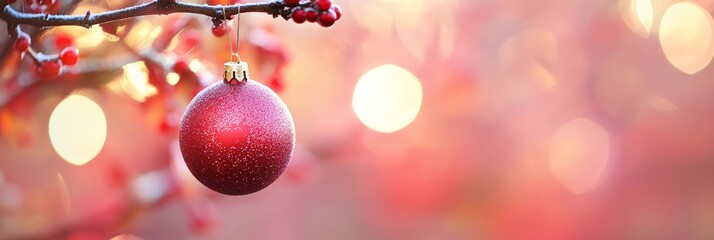 Poster - Red Christmas ornament hanging from a berry branch. Soft, glowing background.