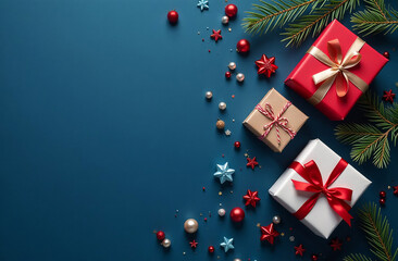 Wall Mural - Christmas background with gift boxes and decorations on blue background. Top view with copy space.