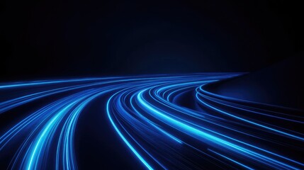 Blue glowing light rays on a black background. A futuristic digital abstract backdrop with lines and stars. A technology wallpaper design. Glowing neon lines. Speed effect