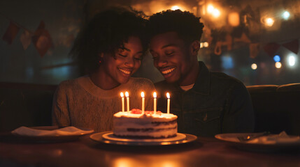 African American couple hugging with love at a birthday celebration, sharing cake together in happiness, enjoying surprise party with candles indoors, a joyful night husband and wife relationship