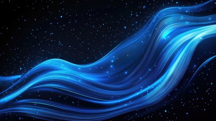 Blue glowing light rays on a black background. A futuristic digital abstract backdrop with lines and stars. A technology wallpaper design. Glowing neon lines. Speed effect