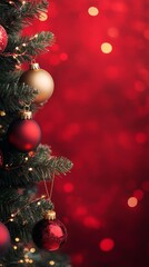 Poster - Wide-angle shot of a Christmas tree bathed in soft lights. Set against a festive red background for a heartwarming holiday scene.